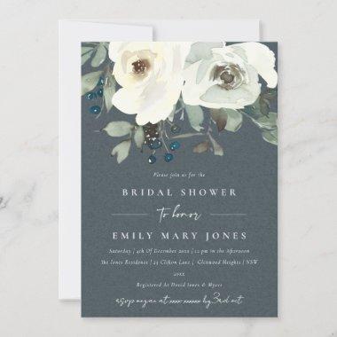 GREY IVORY WHITE FLORAL WATERCOLOR BRIDAL SHOWER Invitations