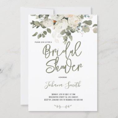 Grey Ivory White Watercolor Floral Bridal Shower Invitations