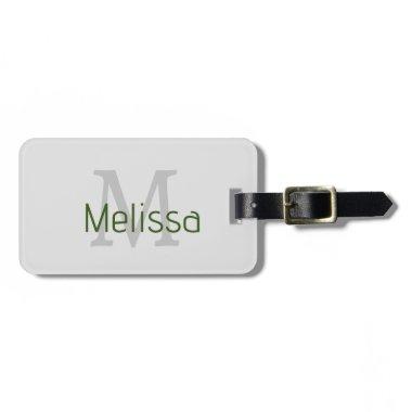 Grey Light Gray Forest Green Monogram Name Initial Luggage Tag