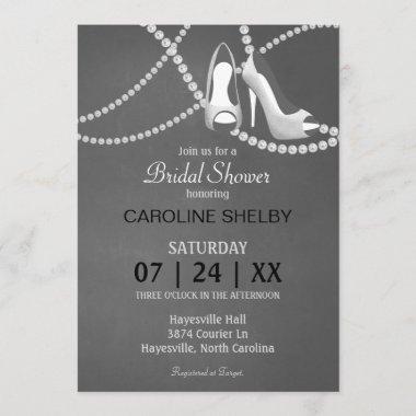 Grey Pearl and High Heel Bridal Shower Invitations