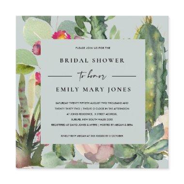 GREY PINK FLORAL DESERT CACTI FAUNA BRIDAL SHOWER Invitations