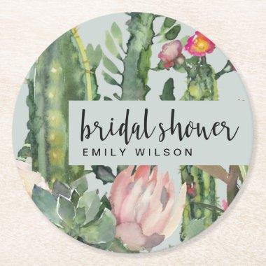 GREY PINK FLORAL DESERT CACTI FAUNA BRIDAL SHOWER ROUND PAPER COASTER