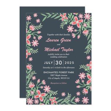 Grey Pink Flower Swirl Frame Spring Floral Wedding Invitations