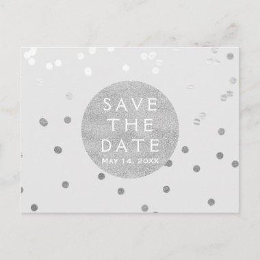 Grey& Silver Shiny Confetti Dots Save The Date Announcement PostInvitations