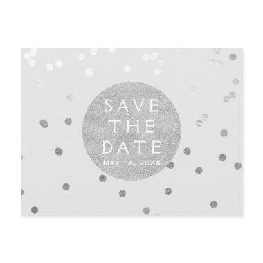 Grey& Silver Shiny Confetti Dots Save The Date Announcement PostInvitations