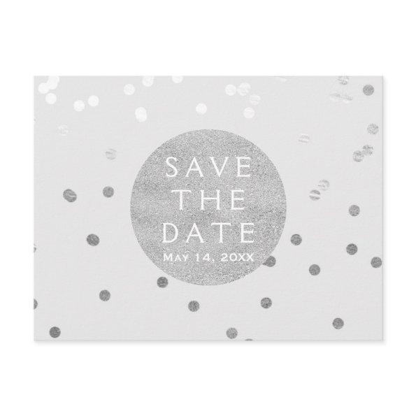 Grey& Silver Shiny Confetti Dots Save The Date Announcement PostInvitations