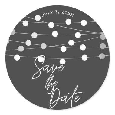 Grey Silver String Lights Wedding Save the Date Classic Round Sticker