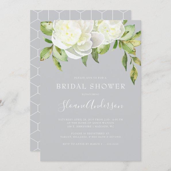 Grey Watercolor Spring Floral Peony Bridal Shower Invitations