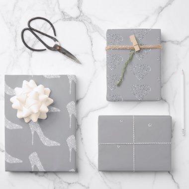 Grey White Diamond High Heel Shoes Wedding Wrapping Paper Sheets