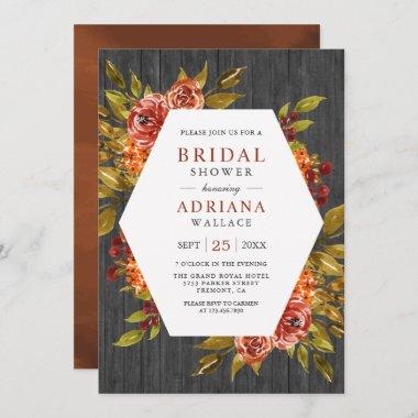 Grey Wood Burnt Orange Floral Fall Bridal Shower Invitations