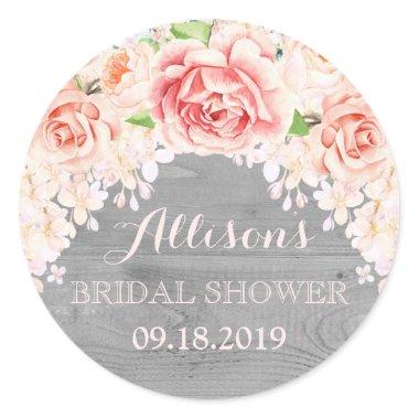 Grey Wood Pink Watercolor Flowers Bridal Shower Classic Round Sticker