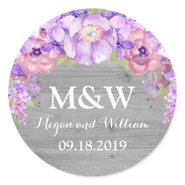 Grey Wood Purple Lilac Floral Monogram Wedding Tag
