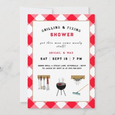 Grilling & Fixing Couples Wedding Shower Red Invitations