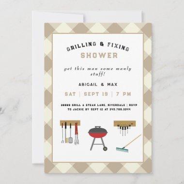 Grilling & Fixing Couples Wedding Shower Tan Invit Invitations