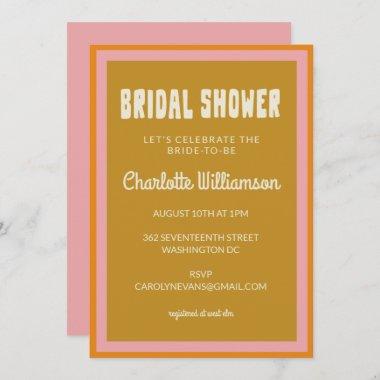 Groovy 60s 70s Colorful Pink Mustard Bridal Shower Invitations