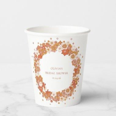 Groovy Boho Orange Floral Bridal Shower Custom Paper Cups