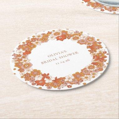 Groovy Boho Orange Floral Bridal Shower Custom Round Paper Coaster