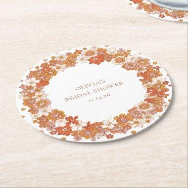 Groovy Boho Orange Floral  Custom Round Paper Coaster