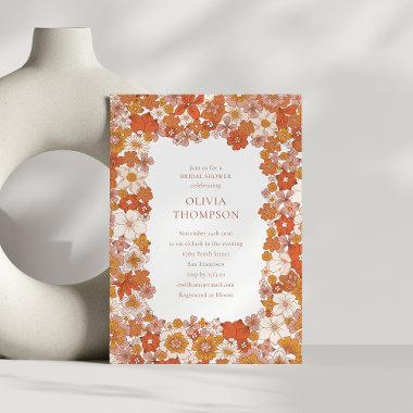 Groovy Boho Orange Floral Frame Bridal Shower Invitations