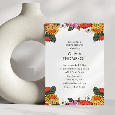 Groovy Boho Retro Flower Frame Cute Bridal Shower Invitations