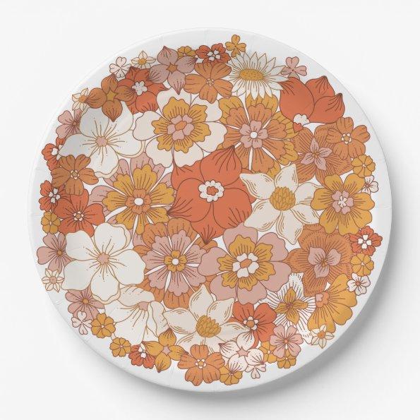 Groovy Hippie Floral Pink Orange Bridal Shower Paper Plates