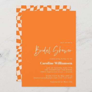 Groovy Orange Abstract Checkerboard Bridal Shower Invitations