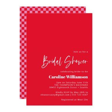 Groovy Red Pink Retro Checkerboard Bridal Shower Invitations