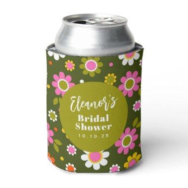 Groovy Retro 60s Flowers Olive Green Bridal Shower Can Cooler