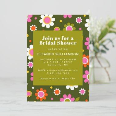 Groovy Retro 60s Flowers Olive Green Bridal Shower Invitations