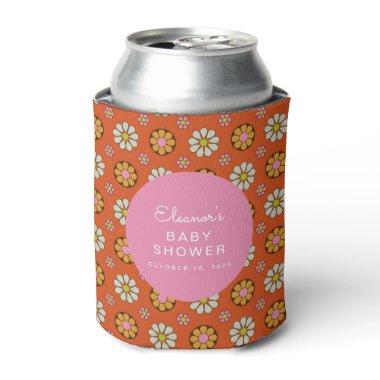 Groovy Retro 60s Flowers Orange Pink Baby Shower Can Cooler