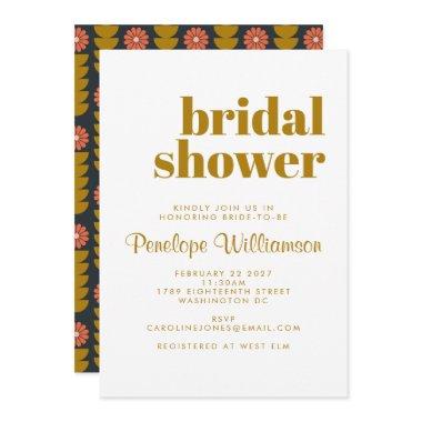 Groovy Retro 70s Botanical Blue Gold Bridal Shower Invitations