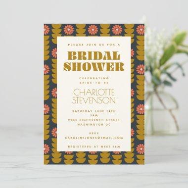 Groovy Retro 70s Floral Gold Bridal Shower Invitations