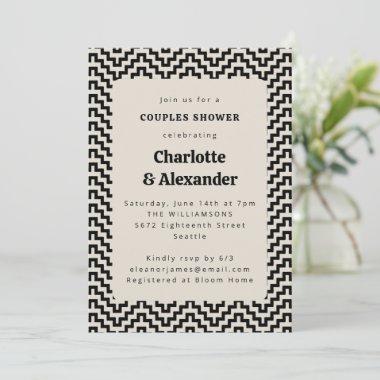 Groovy Retro 70s Pattern in Black Couples Shower Invitations