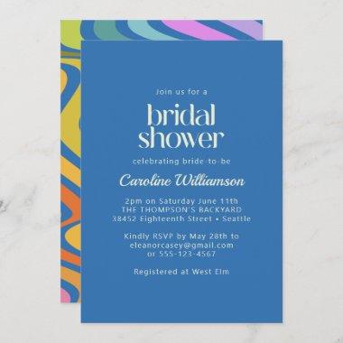 Groovy Retro Abstract Rainbow Blue Bridal Shower Invitations