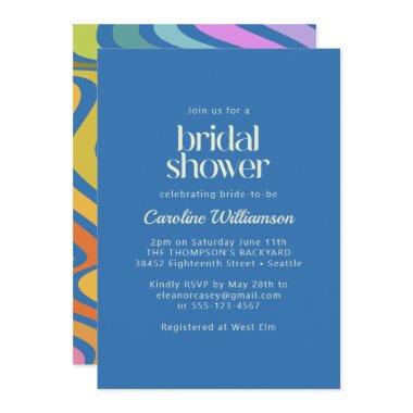 Groovy Retro Abstract Rainbow Blue Bridal Shower Invitations