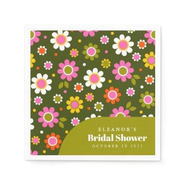 Groovy Retro Flowers Olive Bridal Shower Custom Na Napkins