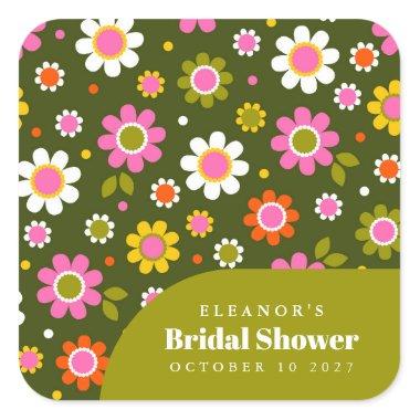Groovy Retro Flowers Olive Bridal Shower Custom Square Sticker