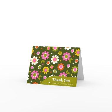 Groovy Retro Flowers Olive Bridal Shower Custom Thank You Invitations