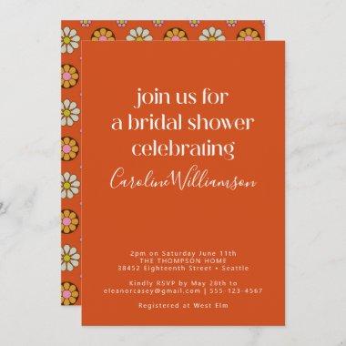 Groovy Retro Orange 70s Flowers Bridal Shower Invitations