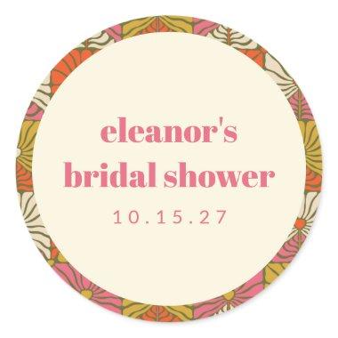 Groovy Retro Orange Botanical Bridal Shower Custom Classic Round Sticker