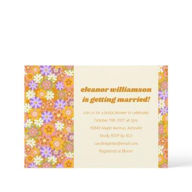 Groovy Retro Orange Purple Floral Bridal Shower Invitations