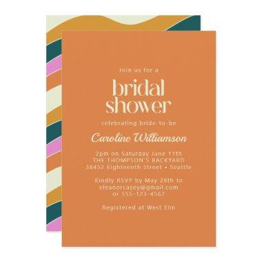 Groovy Retro Orange Wavy Lines Bridal Shower Invitations