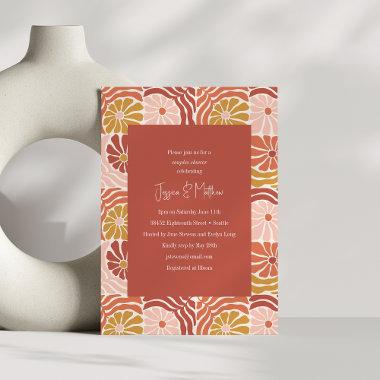 Groovy Retro Pink Rust Floral Boho Couples Shower Invitations
