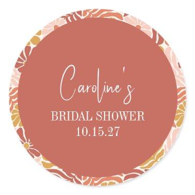 Groovy Retro Pink Rust Floral Custom Bridal Shower Classic Round Sticker