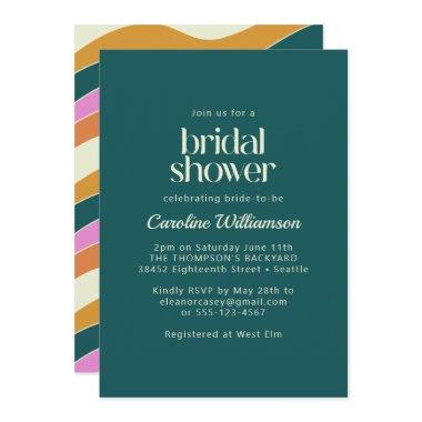 Groovy Retro Teal Green Wavy Lines Bridal Shower Invitations