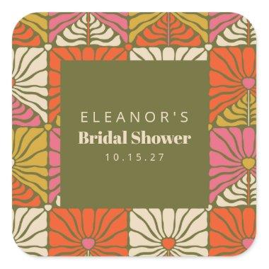 Groovy Vintage Green Floral Bridal Shower Custom Square Sticker