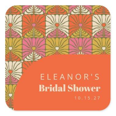 Groovy Vintage Orange Floral Bridal Shower Custom Square Sticker