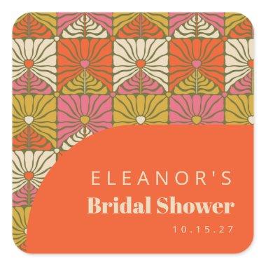 Groovy Vintage Orange Floral Bridal Shower Custom Square Sticker