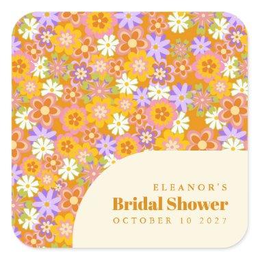 Groovy Vintage Orange Floral Bridal Shower Custom Square Sticker