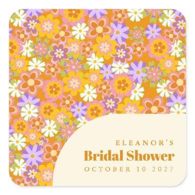 Groovy Vintage Orange Floral Bridal Shower Custom Square Sticker